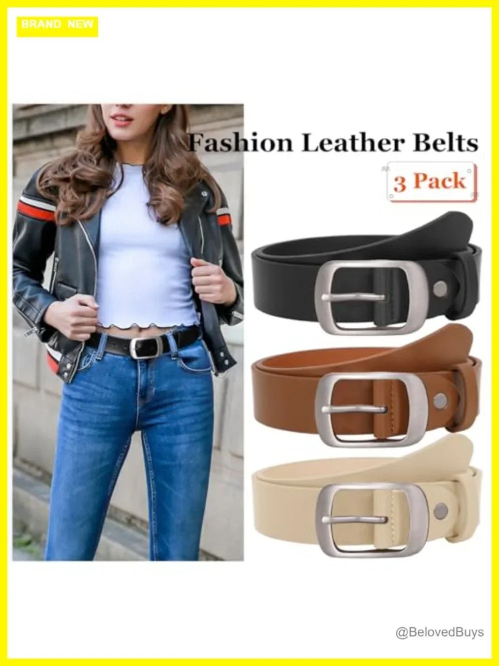 3 Pack Faux Leather Belt for Jeans Dresses with Elegant Buckle, Adjustable, 1.3